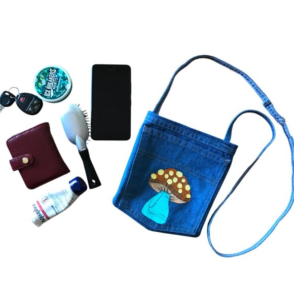 Handmade Crossbody Jean Purse: Painted Mushroom Over Shoulder Cell Phone Bag - Picture 4 of 10